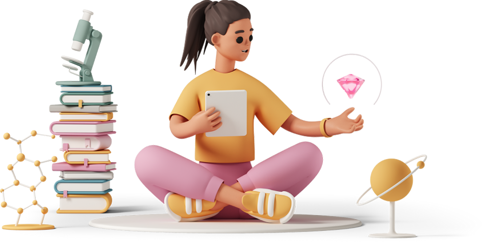 Illustration of a person sitting with a tablet, surrounded by books and educational icons